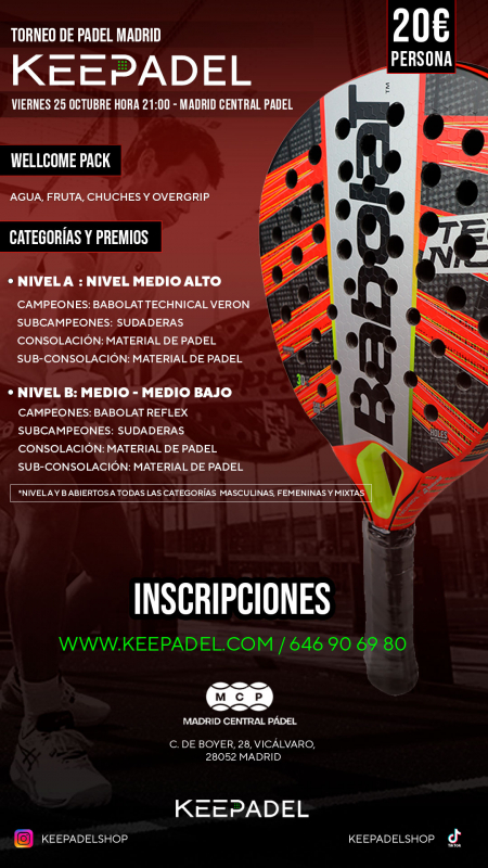 Apúntate a TORNEO KEEPADEL VIERNES 25 OCTUBRE & MADRID CENTRAL PADEL