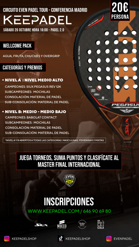 Apúntate a TORNEO KEEPADEL SÁBADO 26 OCTUBRE & PADEL 2.0