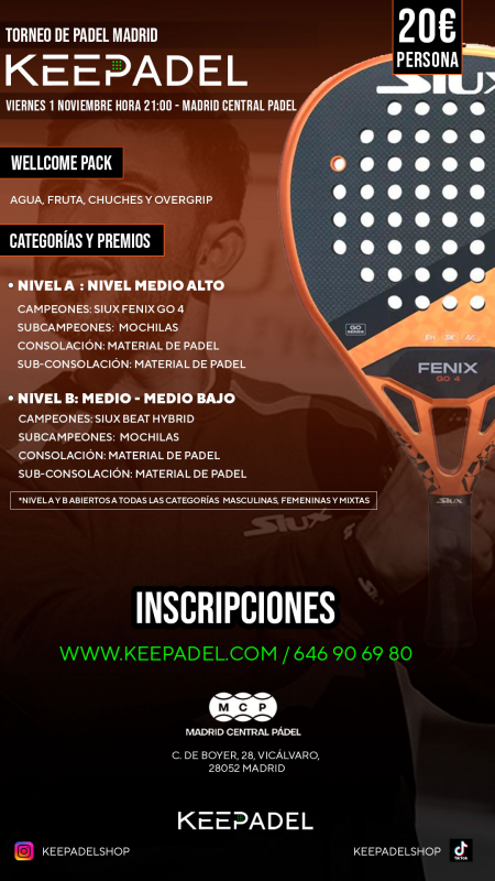 Apúntate a TORNEO KEEPADEL VIERNES 1 NOVIEMBRE & MADRID CENTRAL PADEL