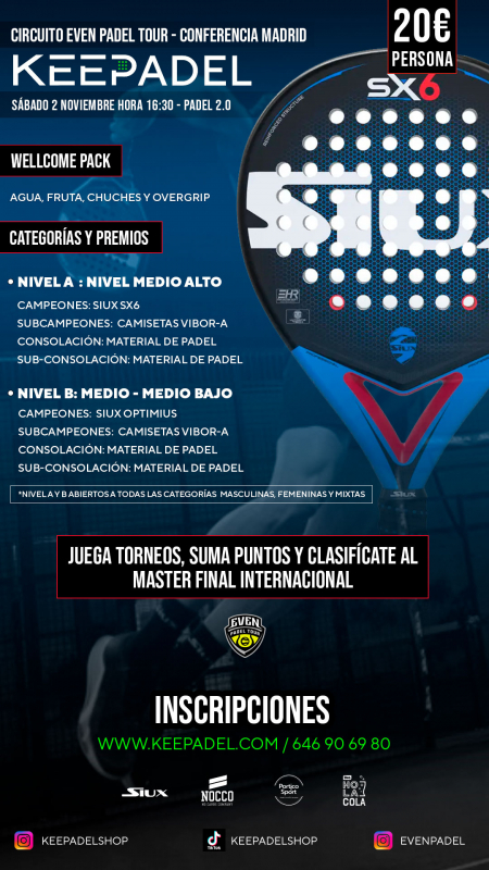 Apúntate a TORNEO KEEPADEL SÁBADO 2 NOVIEMBRE & PADEL 2.0