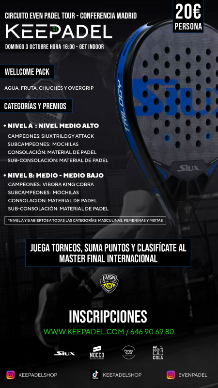 Apúntate a TORNEO KEEPADEL DOMINGO 3 NOVIEMBRE & GET INDOOR