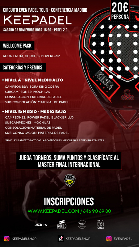 Apúntate a TORNEO KEEPADEL SÁBADO 23 NOVIEMBRE & PADEL 2.0