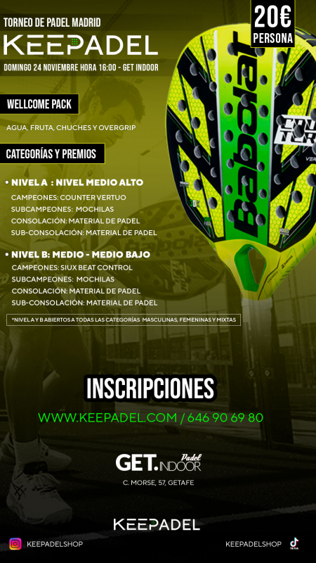 Apúntate a TORNEO KEEPADEL DOMINGO 24 NOVIEMBRE & GET INDOOR