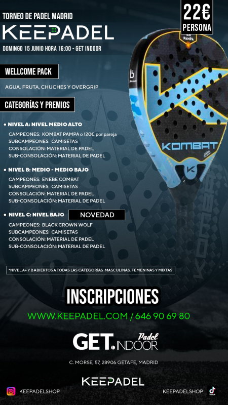Apúntate a TORNEO KEEPADEL DOMINGO 15 JUNIO & GET INDOOR