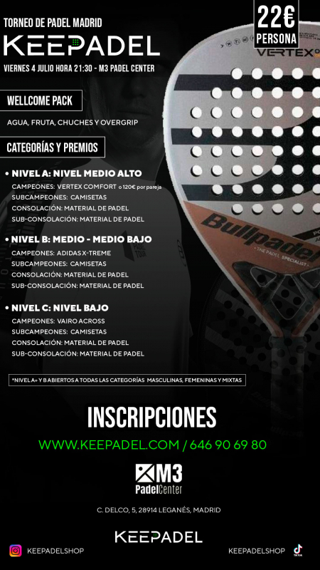 Apúntate a TORNEO KEEPADEL VIERNES 4 JULIO & M3 PADEL CENTER