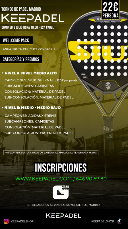 Apúntate a TORNEO KEEPADEL DOMINGO 6 JULIO & G24 PADEL