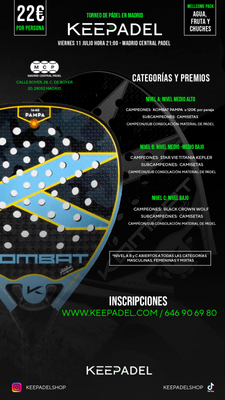 Apúntate a TORNEO KEEPADEL VIERNES 11 JULIO & MADRID CENTRAL PADEL