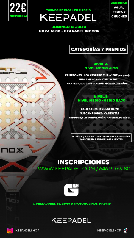 Apúntate a TORNEO KEEPADEL DOMINGO 13 JULIO & G24 PADEL
