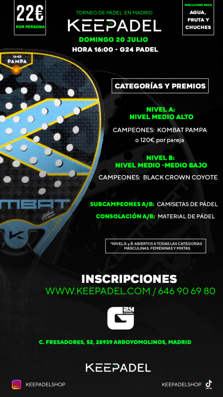 Apúntate a TORNEO KEEPADEL DOMINGO 20 JULIO & G24 PADEL