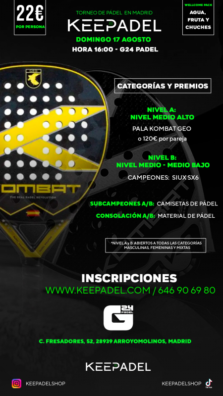 Apúntate a TORNEO KEEPADEL DOMINGO 17 AGOSTO & G24 PADEL