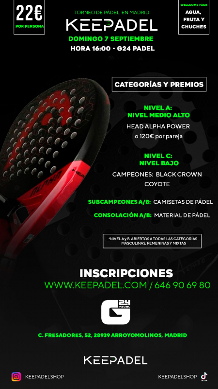 Apúntate a TORNEO KEEPADEL DOMINGO 7 SEPTIEMBRE & G24 PADEL