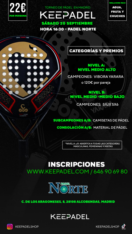 Apúntate a TORNEO KEEPADEL SÁBADO 20 SEPTIEMBRE & PADEL NORTE