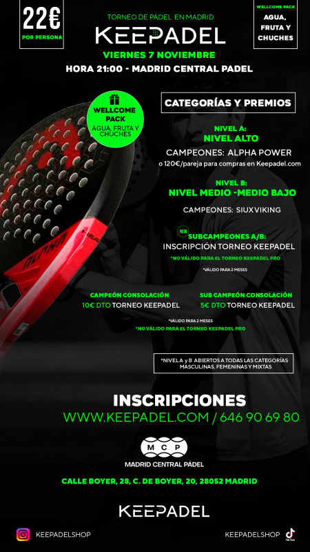 Apúntate a TORNEO KEEPADEL VIERNES 7 NOVIEMBRE & MADRID CENTRAL PADEL