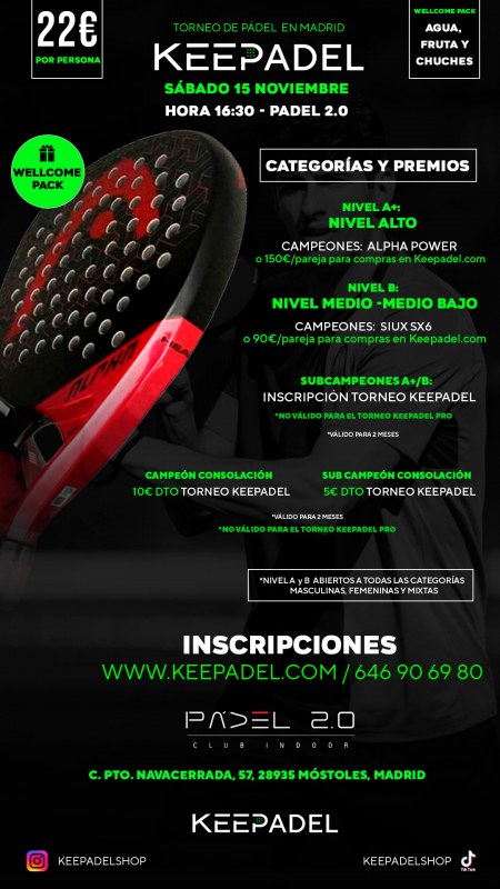 Apúntate a TORNEO KEEPADEL SÁBADO 15 NOVIEMBRE & PADEL 2.0