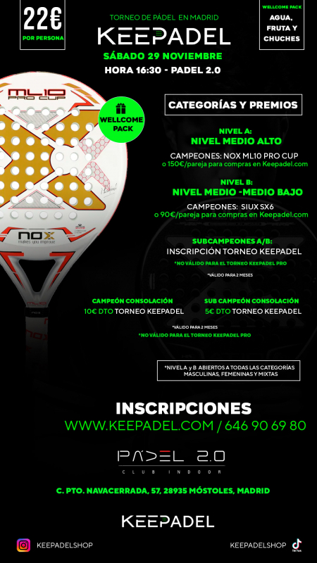 Apúntate a TORNEO KEEPADEL SÁBADO 29 NOVIEMBRE & PADEL 2.0