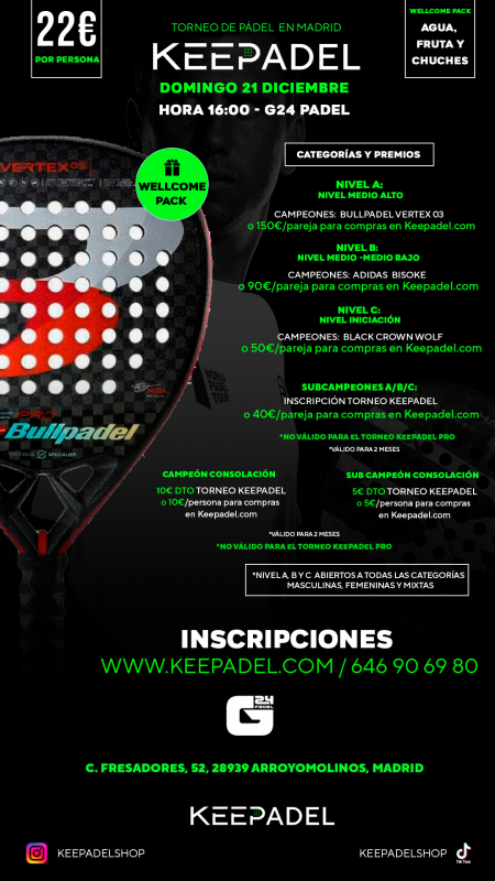 Apúntate a TORNEO KEEPADEL DOMINGO 21 DE DICIEMBRE & G24 ARROYOMOLINOS