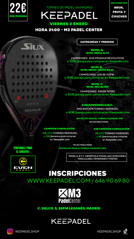 Apúntate a TORNEO KEEPADEL VIERNES 2 DE ENERO & M3 PADEL CENTER