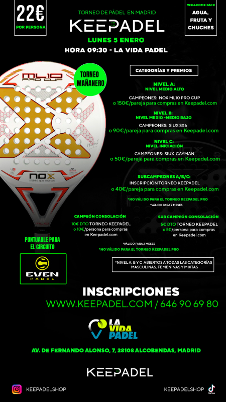 Apúntate a TORNEO MAÑANERO KEEPADEL LUNES  5 DE ENERO & LA VIDA PADEL