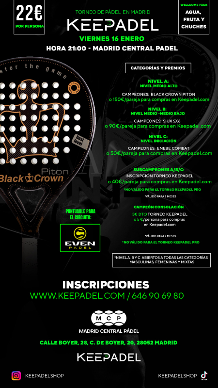 Apúntate a TORNEO KEEPADEL VIERNES 16 DE ENERO & MADRID CENTRAL PADEL