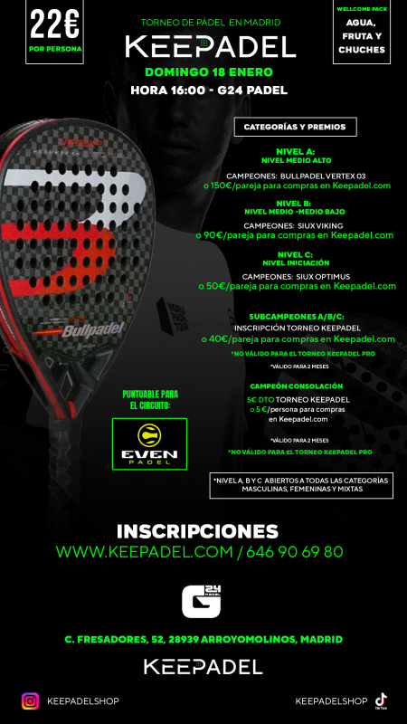 Apúntate a TORNEO KEEPADEL DOMINGO 18 DE ENERO & G24 ARROYOMOLINOS
