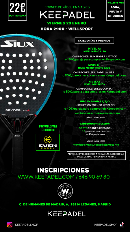 Apúntate a TORNEO KEEPADEL VIERNES 23 DE ENERO & WELL SPORTS