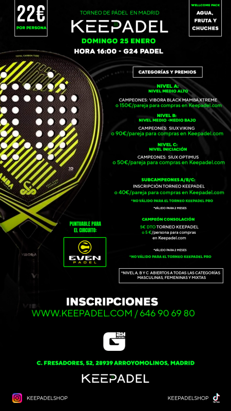 Apúntate a TORNEO KEEPADEL DOMINGO 25 DE ENERO & G24 ARROYOMOLINOS