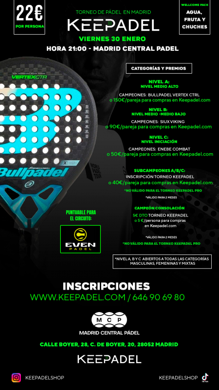 Apúntate a TORNEO KEEPADEL VIERNES 30 DE ENERO & MADRID CENTRAL PADEL