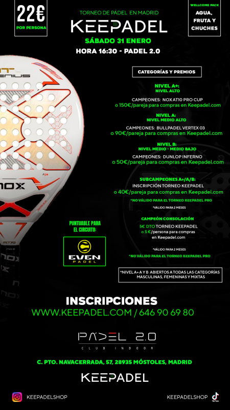 Apúntate a TORNEO KEEPADEL SÁBADO 31 ENERO & PADEL 2.0