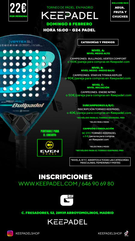 Apúntate a TORNEO KEEPADEL DOMINGO 8 DE FEBRERO & G24 ARROYOMOLINOS