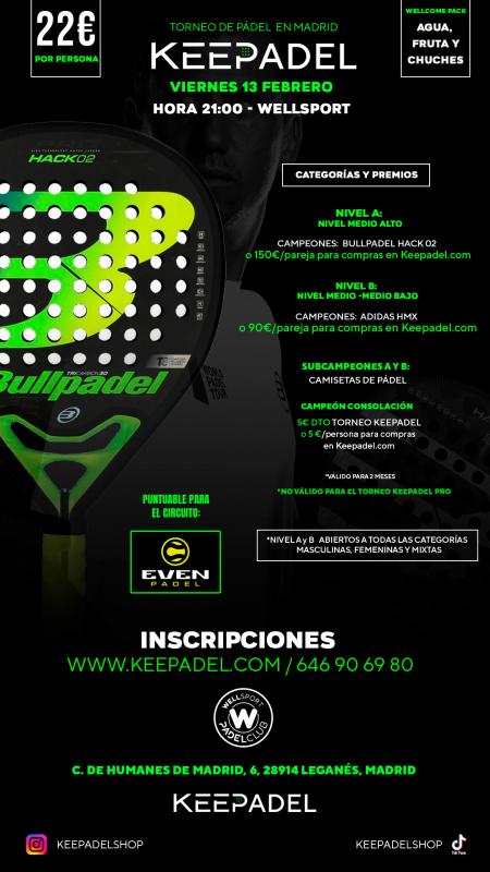 Apúntate a TORNEO KEEPADEL VIERNES 13 DE FEBRERO & WELLSPORT