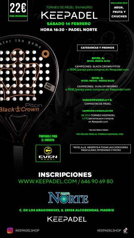 Apúntate a TORNEO KEEPADEL SÁBADO 14 FEBRERO & PADEL NORTE