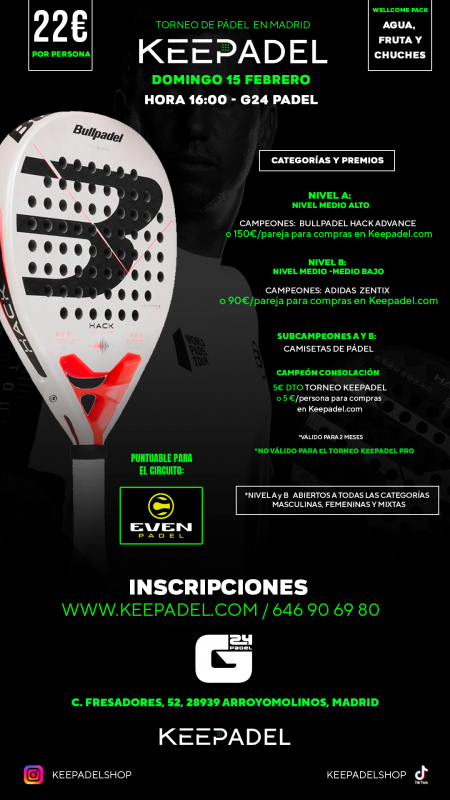 Apúntate a TORNEO KEEPADEL DOMINGO 15 DE FEBRERO & G24 ARROYOMOLINOS
