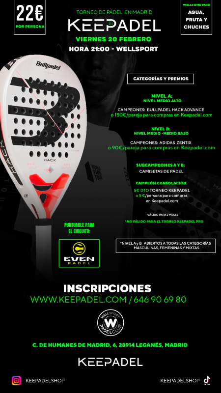 Apúntate a TORNEO KEEPADEL VIERNES 20 DE FEBRERO & WELLSPORT LEGANES