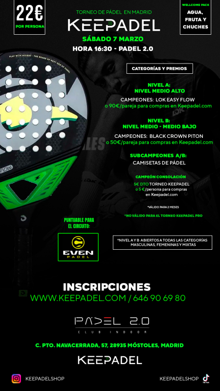 Apúntate a TORNEO KEEPADEL SÁBADO 7 MARZO & PADEL 2.0