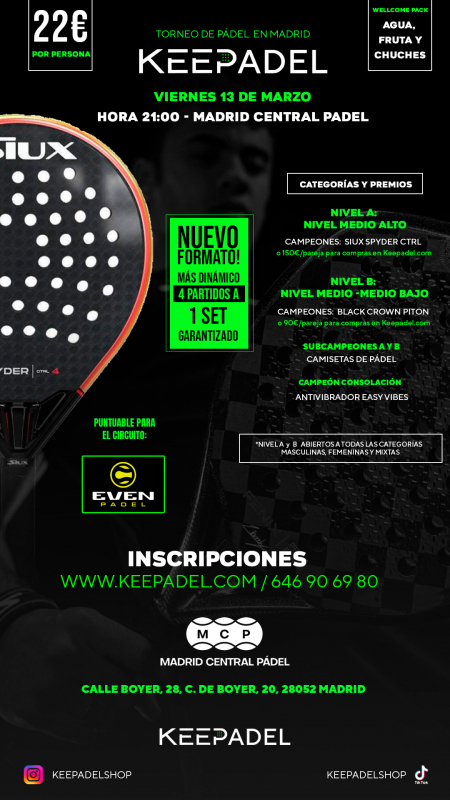 Apúntate a TORNEO KEEPADEL VIERNES 13 MARZO & MADRID CENTRAL PADEL
