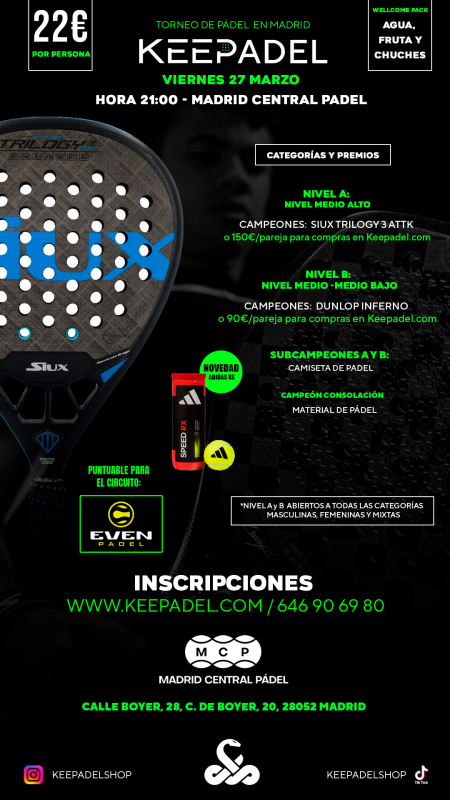 Apúntate a TORNEO KEEPADEL VIERNES 27 MARZO & MADRID CENTRAL PADEL