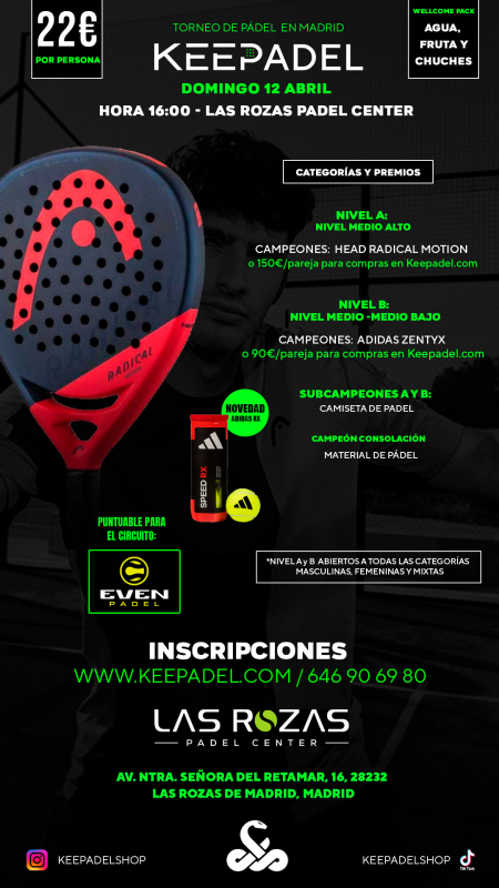 Apúntate a TORNEO KEEPADEL DOMINGO 12 DE ABRIL & LAS ROZAS PADEL CENTER