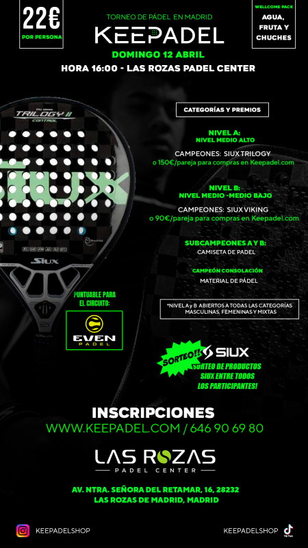 Apúntate a TORNEO KEEPADEL DOMINGO 12 DE ABRIL & LAS ROZAS PADEL CENTER