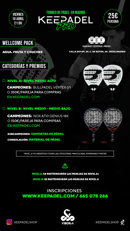 Apúntate a TORNEO NOCTURNO KEEPADEL PRO 10 DE ABRIL & MADRID CENTRAL PADEL