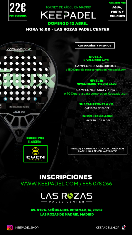 Apúntate a TORNEO KEEPADEL DOMINGO 12 DE ABRIL & LAS ROZAS PADEL CENTER