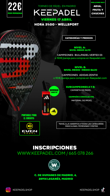 Apúntate a TORNEO KEEPADEL VIERNES 17 ABRIL & WELLSPORT
