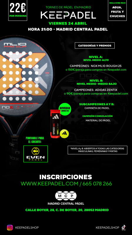 Apúntate a TORNEO KEEPADEL VIERNES 24 ABRIL & MADRID CENTRAL PADEL
