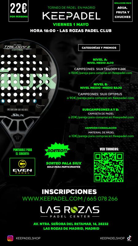 Apúntate a TORNEO KEEPADEL VIERNES 1 MAYO & LAS ROZAS PADEL CLUB