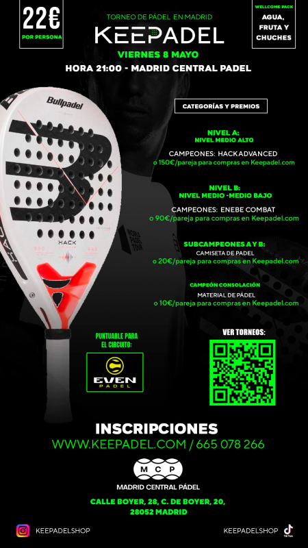 Apúntate a TORNEO KEEPADEL VIERNES 8 MAYO & MADRID CENTRAL PADEL