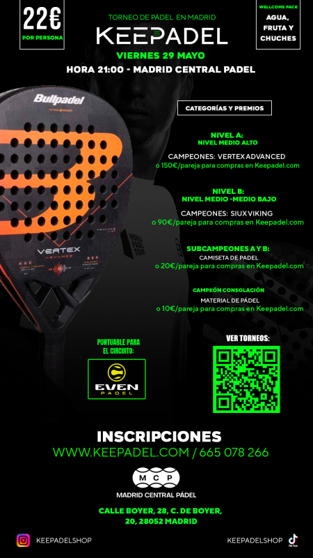 Apúntate a TORNEO KEEPADEL VIERNES 29 MAYO & MADRID CENTRAL PADEL