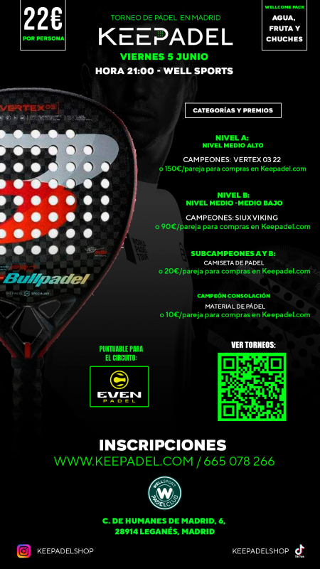 Apúntate a TORNEO KEEPADEL VIERNES 5 JUNIO & WELLSPORTS