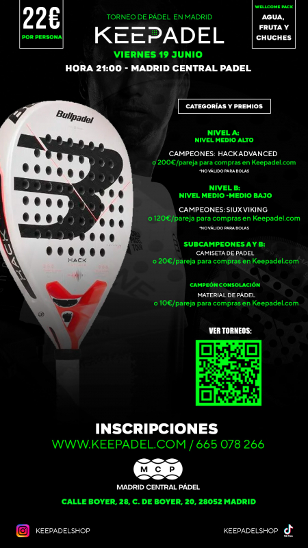 Apúntate a TORNEO KEEPADEL VIERNES 19 JUNIO & MADRID CENTRAL PADEL