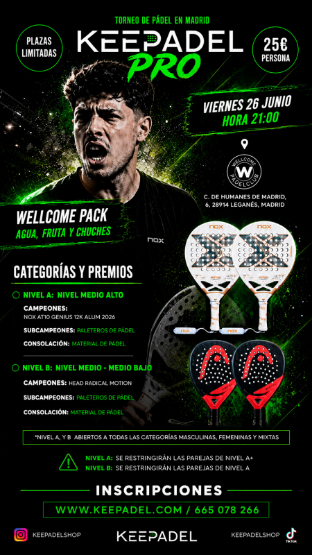 Apúntate a TORNEO KEEPADEL PRO SÁBADO 26 JUNIO & WELLSPORTS