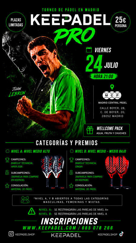 Apúntate a TORNEO KEEPADEL PRO VIERNES 24 JULIO & MADRID CENTRAL PADEL