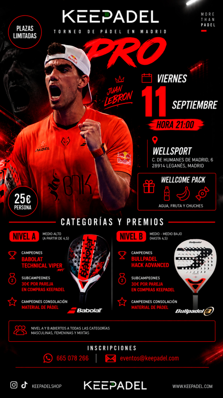 Apúntate a TORNEO KEEPADEL PRO VIERNES 11 SEPTIEMBRE & WELLSPORTS
